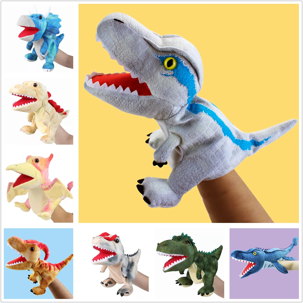 Hand Dolls Children's Toy Plush Dinosaur Series Velociraptor Tyrannosaurus Rex Triceratops Family Story Role Playing Finger Toys