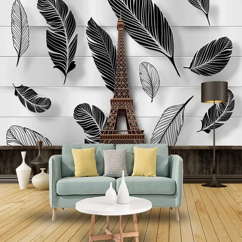 Custom Size 3D Photo Mural Black White Feather Leaves Eiffel Tower Painting Wallpaper for Living Room TV Background Wall Decor