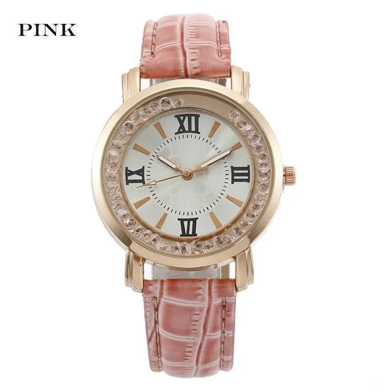 Casual Fashion Student Wrist Watch Rhinestone Ladies Watch Fashion Leather Strap Alloy Quartz Watch