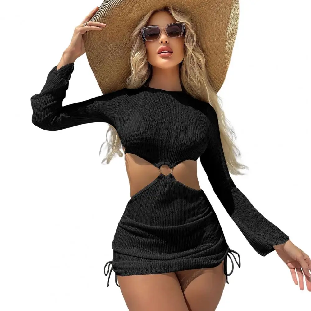 3Pcs/Set Women Trendy Bikini Set Halter Bra Lace-up Swimming Trunks Set With See-through Mesh Yarn Cover Up Dress