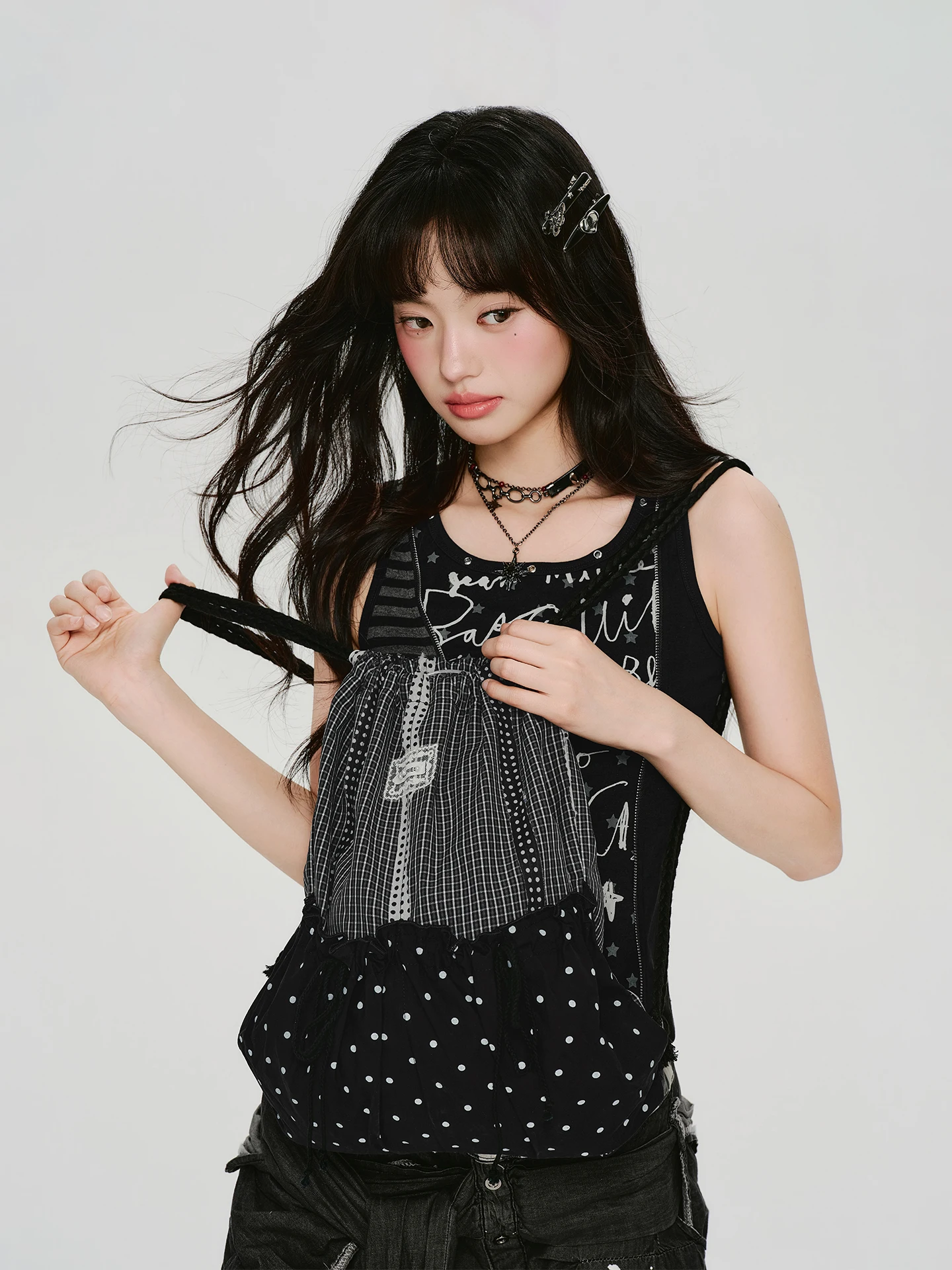 girlyhalo-american-retro-black-plaid-polka-dot-drawstring-women's-millennium-atmosphere-commuting-backpack-square-shape-zippe