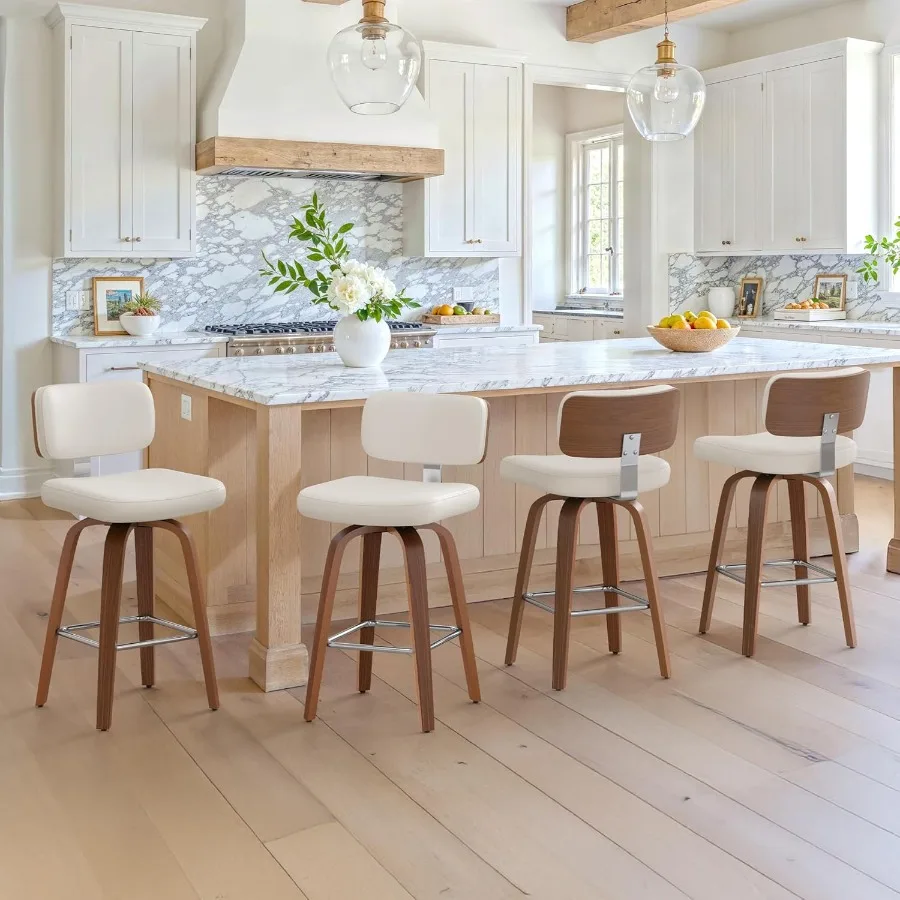 طقم كراسي بارتفاع دوار مكون من 2 26 مقعد منجد للبار مع أرجل خشب الجوز الخلفي من جلد البولي يوريثان في منتصف القرن St #1