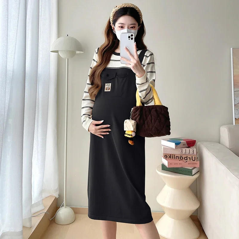 Korean Style Maternity Autumn Clothes Long Sleeve Striped Patchwork Pregnant Woman Knit Dress Fashion Pregnancy Faux Two Pieces