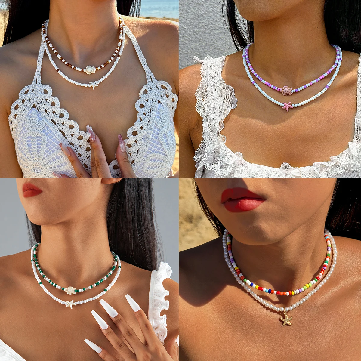 Docona Bohemia Multicolor Bead Shell Pendant Necklace for Women Fashion Summer Adjustable Geometric Beach Jewelry Party gift