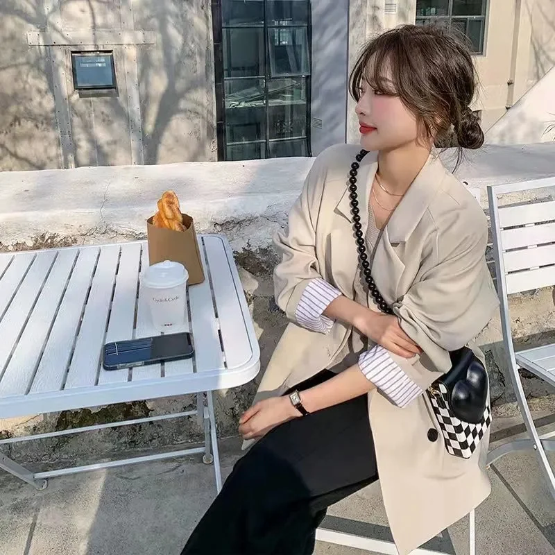 Ladies Solid Color Suit Outwear 2024 Women Medium Long Styles No Shoulder Pads Coat Spring Autumn Female Double-breasted Jacket