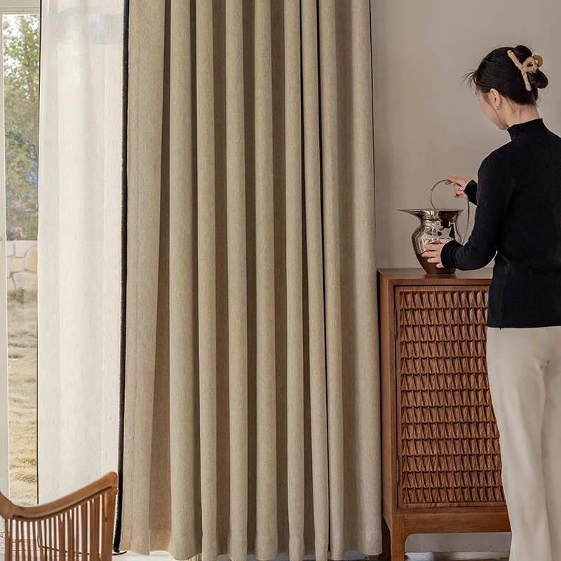 PP1135Black edge yarn-dyed chenille living room thickened cream color cotton and linen curtains