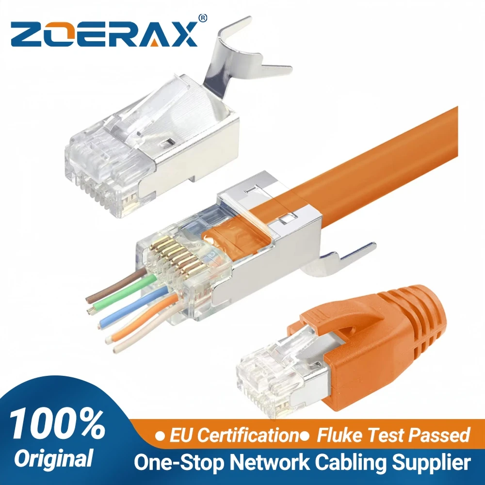 Złącza przelotowe ZoeRax Cat7 Cat6A RJ45 ekranowane, wtyki modułowe Ethernet z powłoką złotą 50μ i osłoną odciążającą.