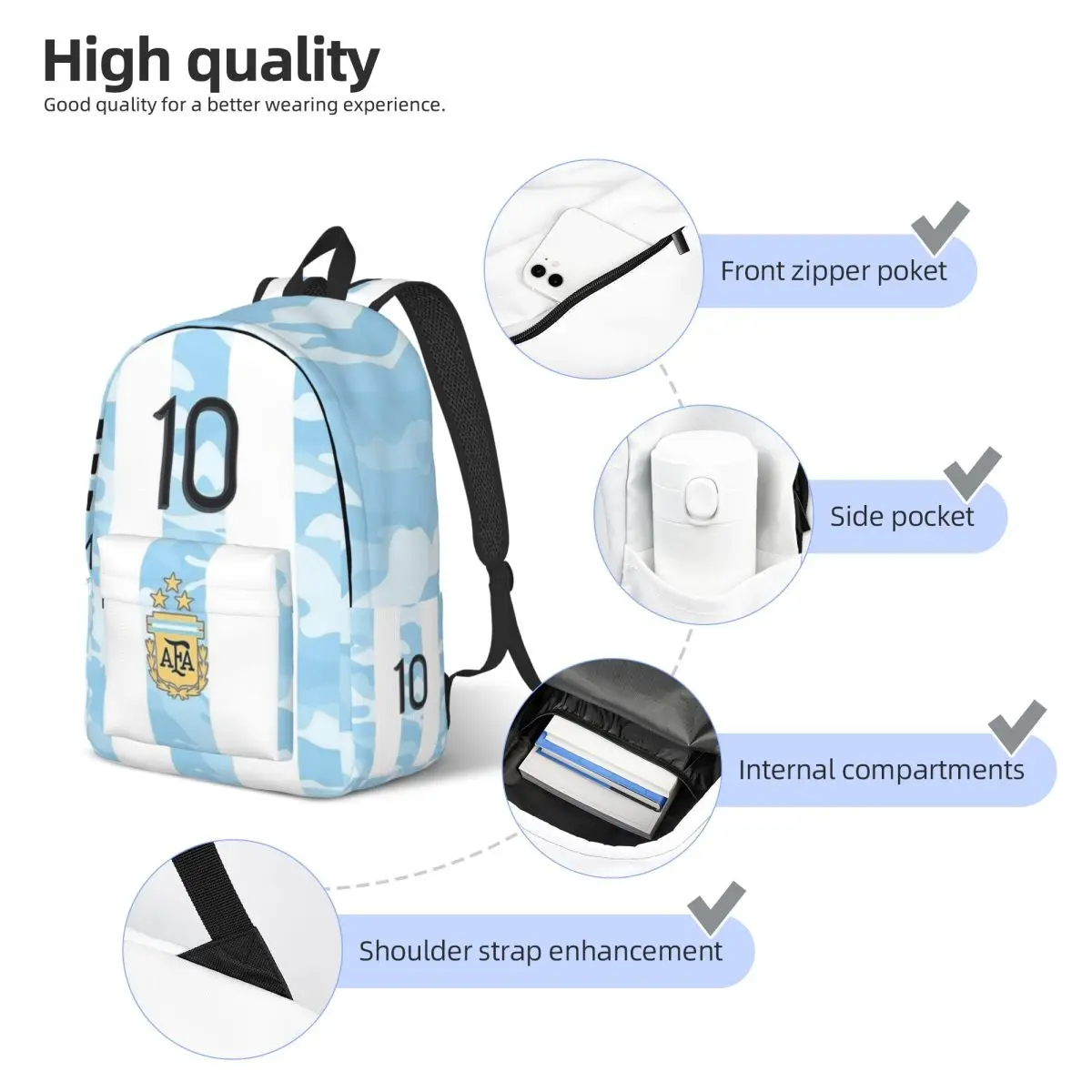 Argentina Football 10 Casual Backpack Durable High School Business Soccer Star Fan Daypack for Men Women Laptop Computer Bags