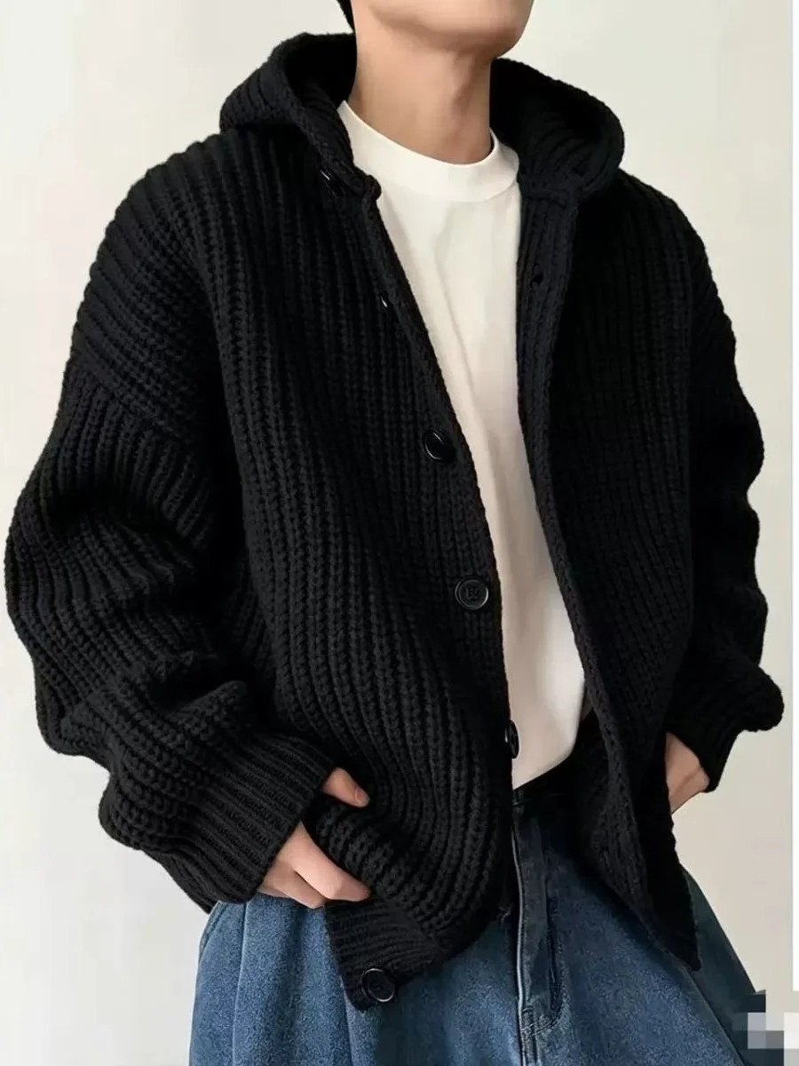 Retro Hooded Thick Needle Open Cardigan Sweater Men's Autumn Winter Lazy Loose Knitted Jacket Button Loose Outerwear