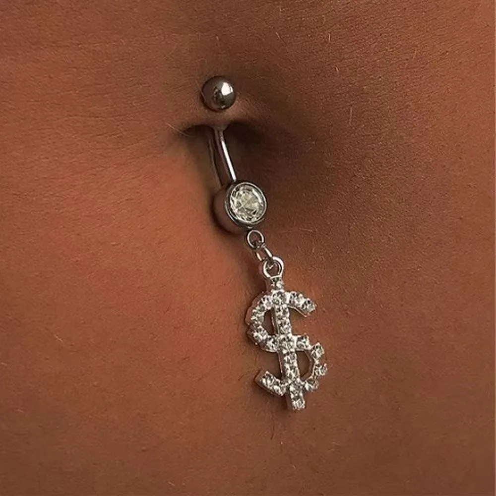Sparkling Dollar Sign Navel Piercing Belly Ring Dangle Drop Body Piercing Jewelry For Women Sexy Summer Beach Bikini Accessories