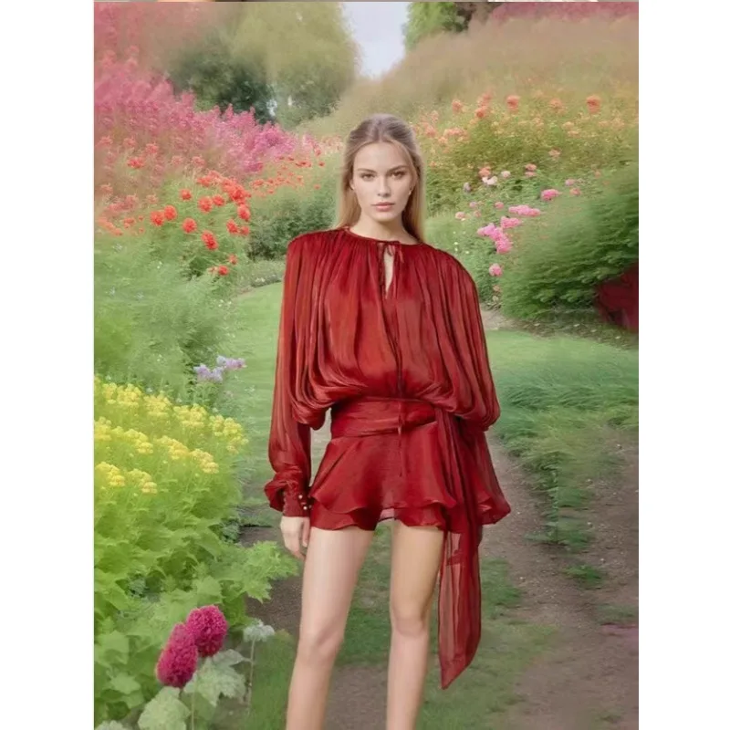 

Выдалбливаемая блузка Мини-платье Женское свободное платье с v-образным вырезом на шнуровке Женское 2024 Весеннее новое длинное платье с фонариками Женский халат