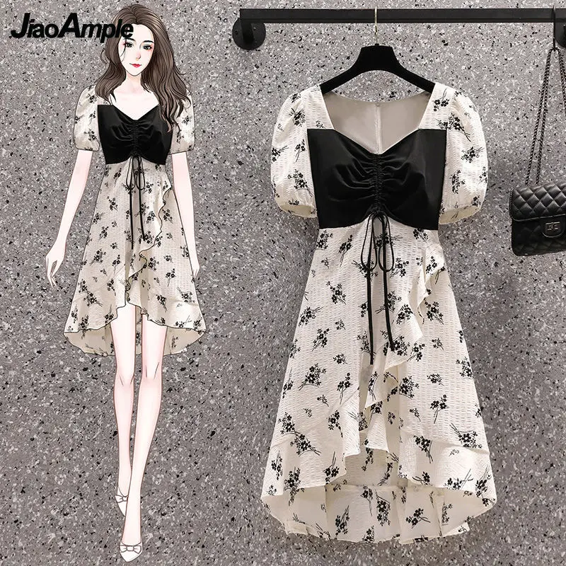 2022 Summer Women\'s Graceful Patchwork Print Ruffle Dress Lady Korean Elegant Shirring Chic A-Line Dresses Fashion Joker Gown