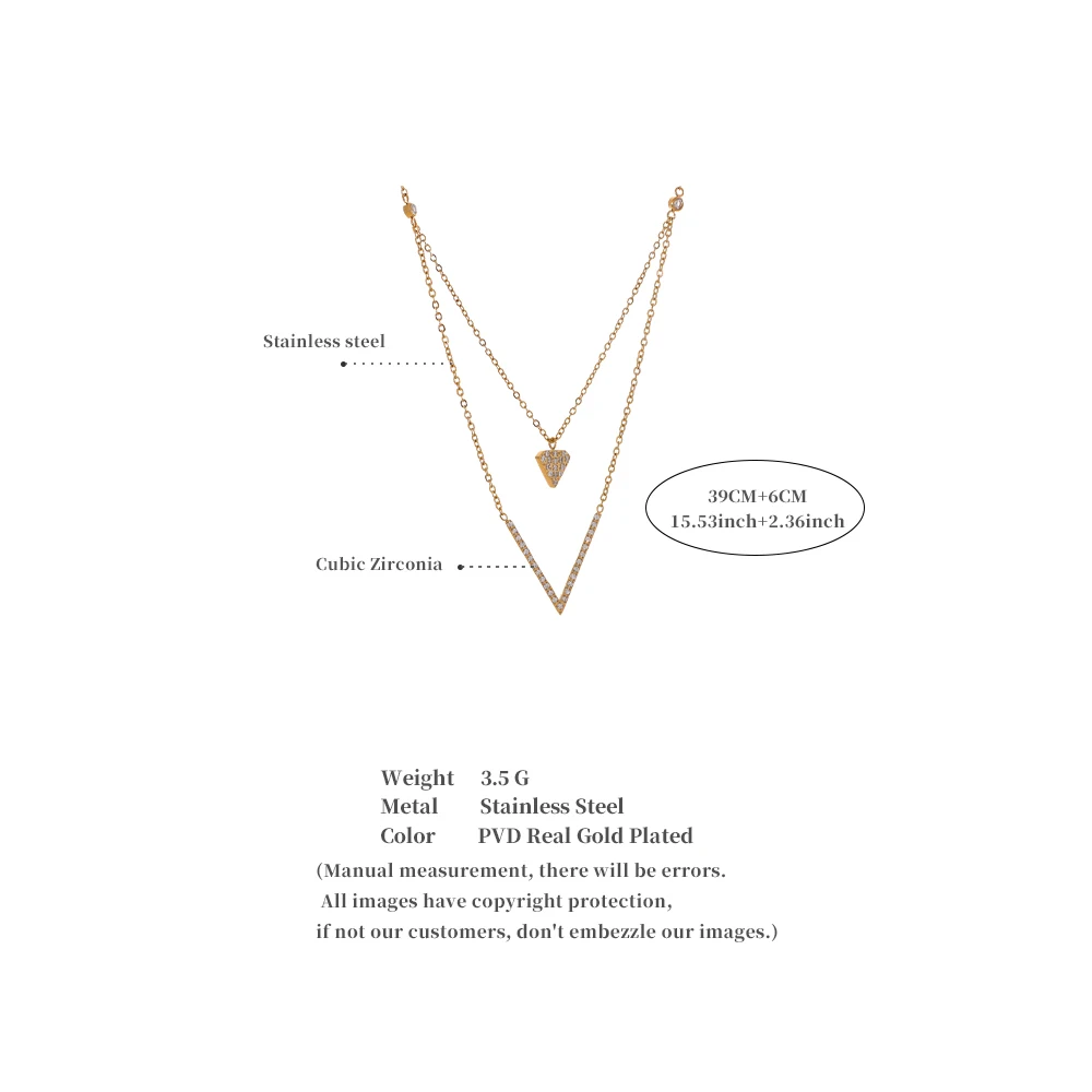 Yhpup Korean Style Shiny Cubic Zirconia Heart V-Shape Double-Layer Chain Necklace Pendant Stainless Steel Delicate Jewelry