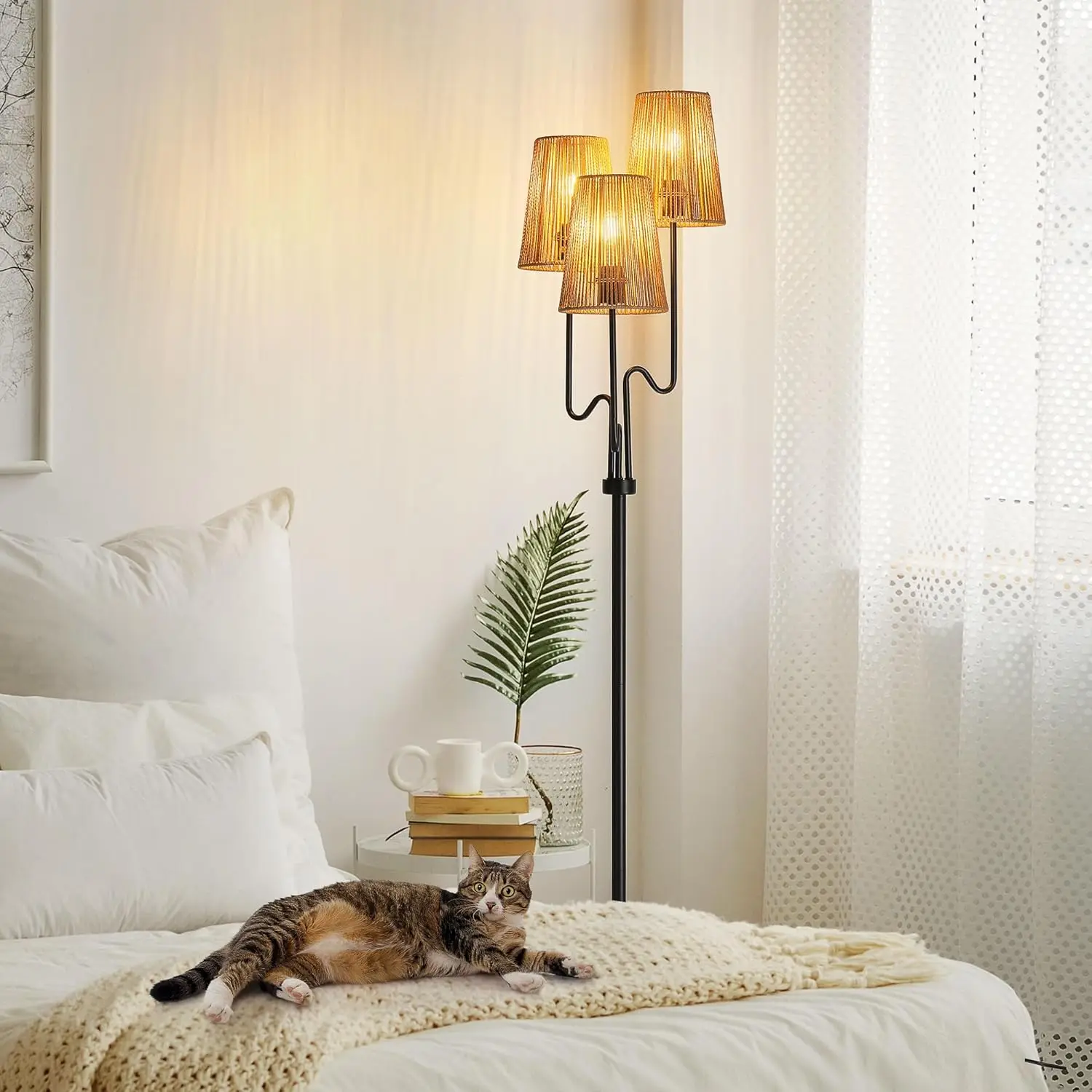 

68in Rattan Floor Lamp with Woven Shade, 3-Light Tree Design for Bedroom Living Room, E26 Socket, Rustic Coastal Decor