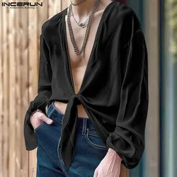 INCERUN Men Shirt Solid Color Deep V Neck Long Sleeve Pleated Casual Men Clothing 2024 Steetwear Lace Up Fashion Camisas S-5XL