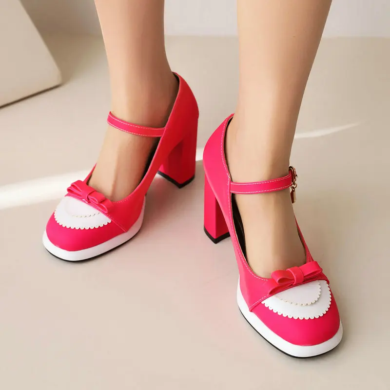 Small Size 33-45 Pink White Contrast Color Colorful Closed Toe Lady Dress Pumps Lolita Korean Style Block High Heels Mary Janes