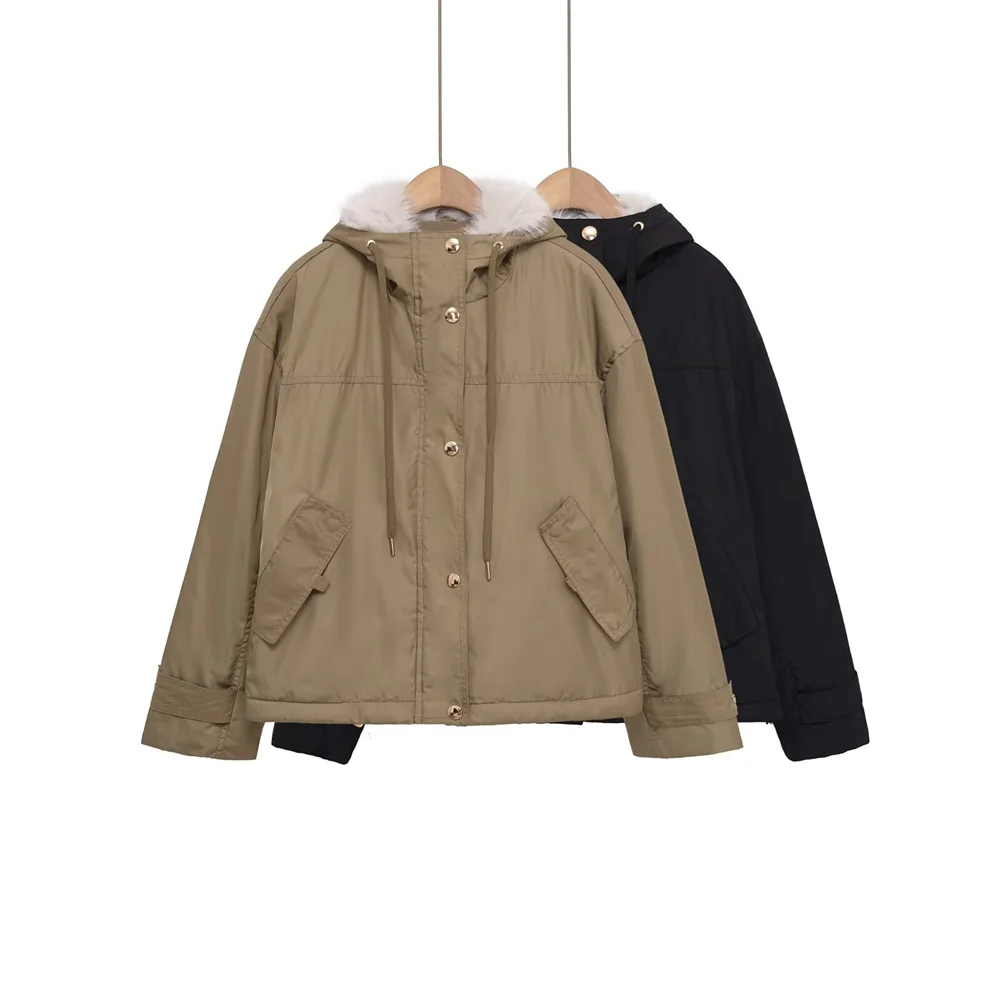 

Autumn New Product Women's Casual Loose Solid Color Long Sleeve Artificial Fur Effect Hooded Short Jacket Parker Coat