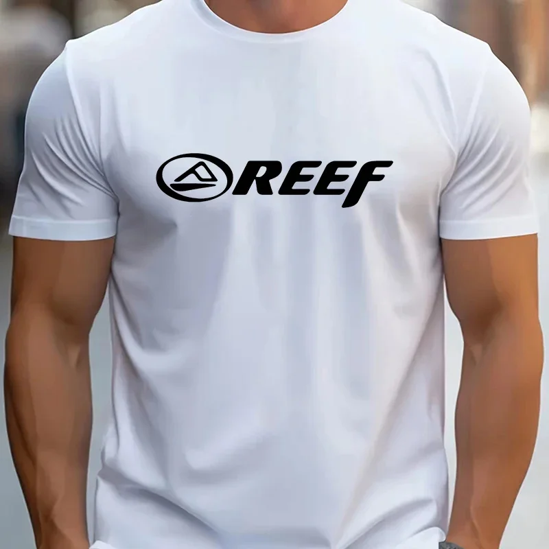 Image of Herren Casual Rundhals T-Shirt 100% Baumwolle Strickstoff Leicht Dehnbar Regular Fit REEF Alphabet-Muster Modisches Trendiges Oberteil