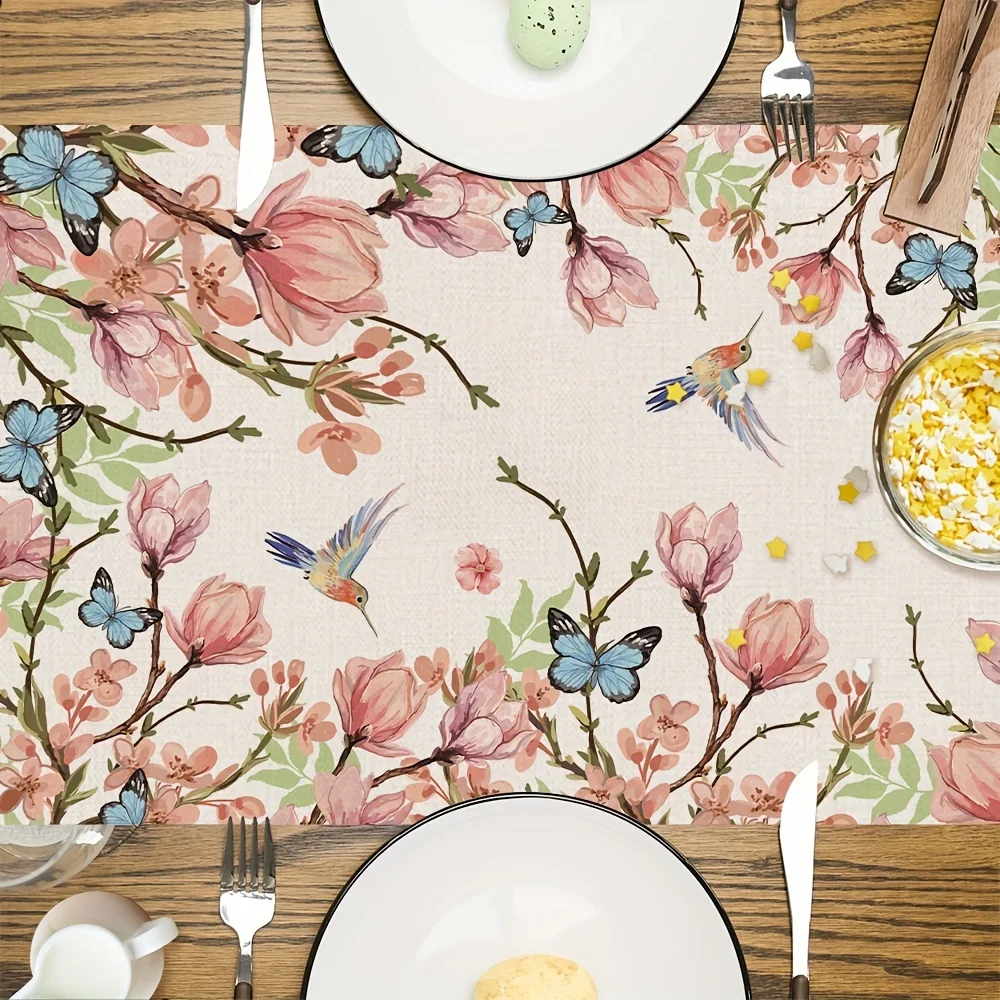 

Flowers Bird Butterfly Pattern Table Runner, Spring Theme , Seasonal Kitchen Decoration