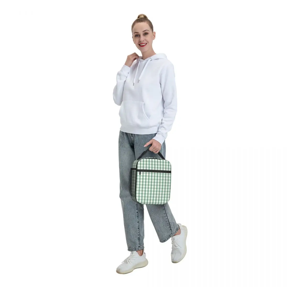 Moss Green Mini Gingham Check Plaid Insulated Lunch Bags for Women Geometric Portable Thermal Cooler Food Lunch Box School