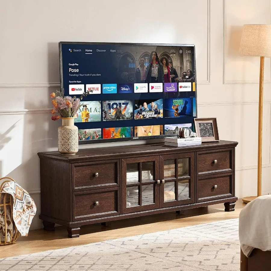 ตู้วางทีวีสไตล์บ้านไร่สำหรับห้องนั่งเล่น สีน้ำตาลแบบเรียบง่าย พร้อมตู้เก็บของ ตู้วางทีวีไม้พร้อมลิ้นชัก 4 ช่อง สไตล์โมเดิร์น