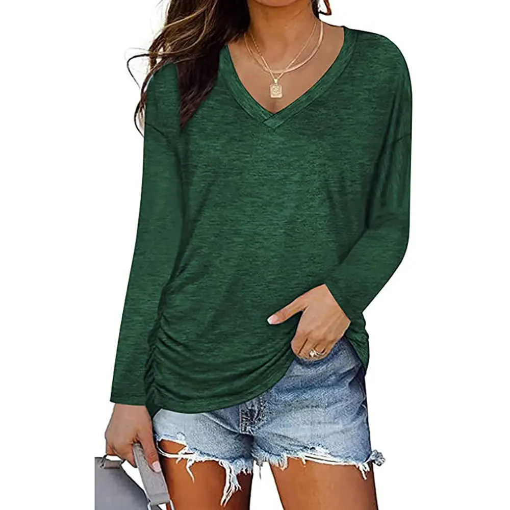Women's V-Neck Shirred Long-Sleeved T-shirt, Loose Casual Top, Monochromatic, Fall, Winter