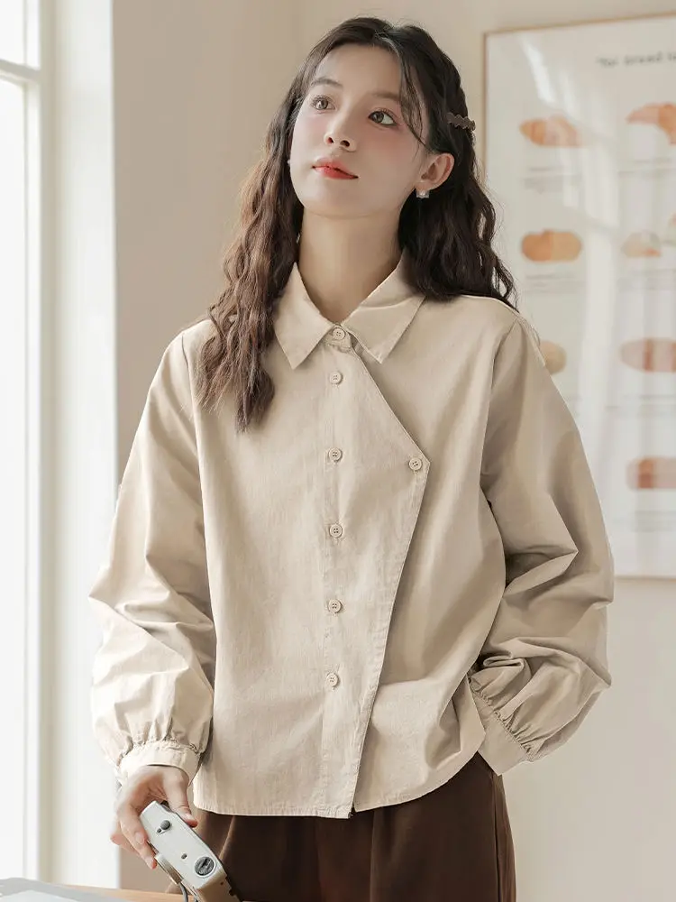 

2024 Spring And Autumn New Polo Collar Long Sleeved Shirt Casual Wide Shirt Irregular Top For Women