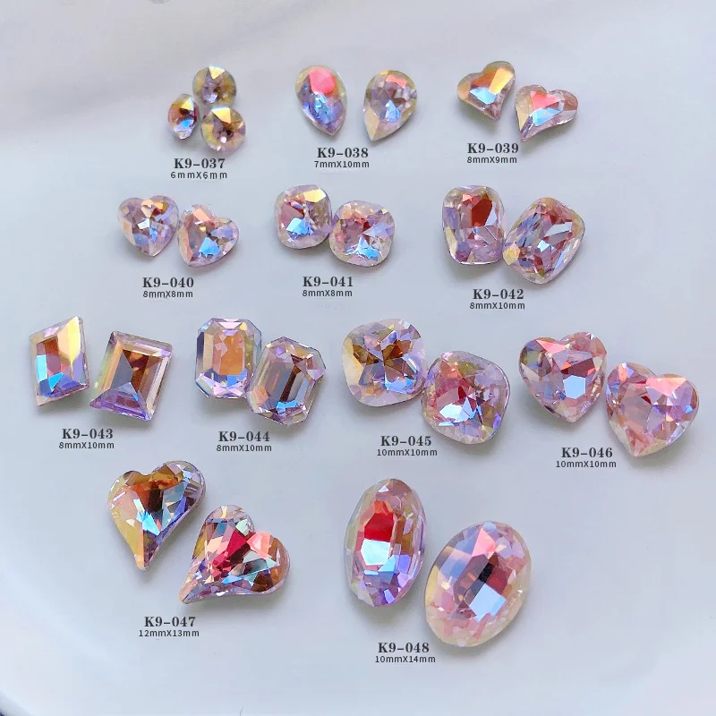 5pcs K9 คริสตัลเพชรสีชมพูแฟนตาซีชี้ด้านล่าง Multicut Shining ตกแต่งเล็บ Water DROP FAT Square Love เครื่องประดับ