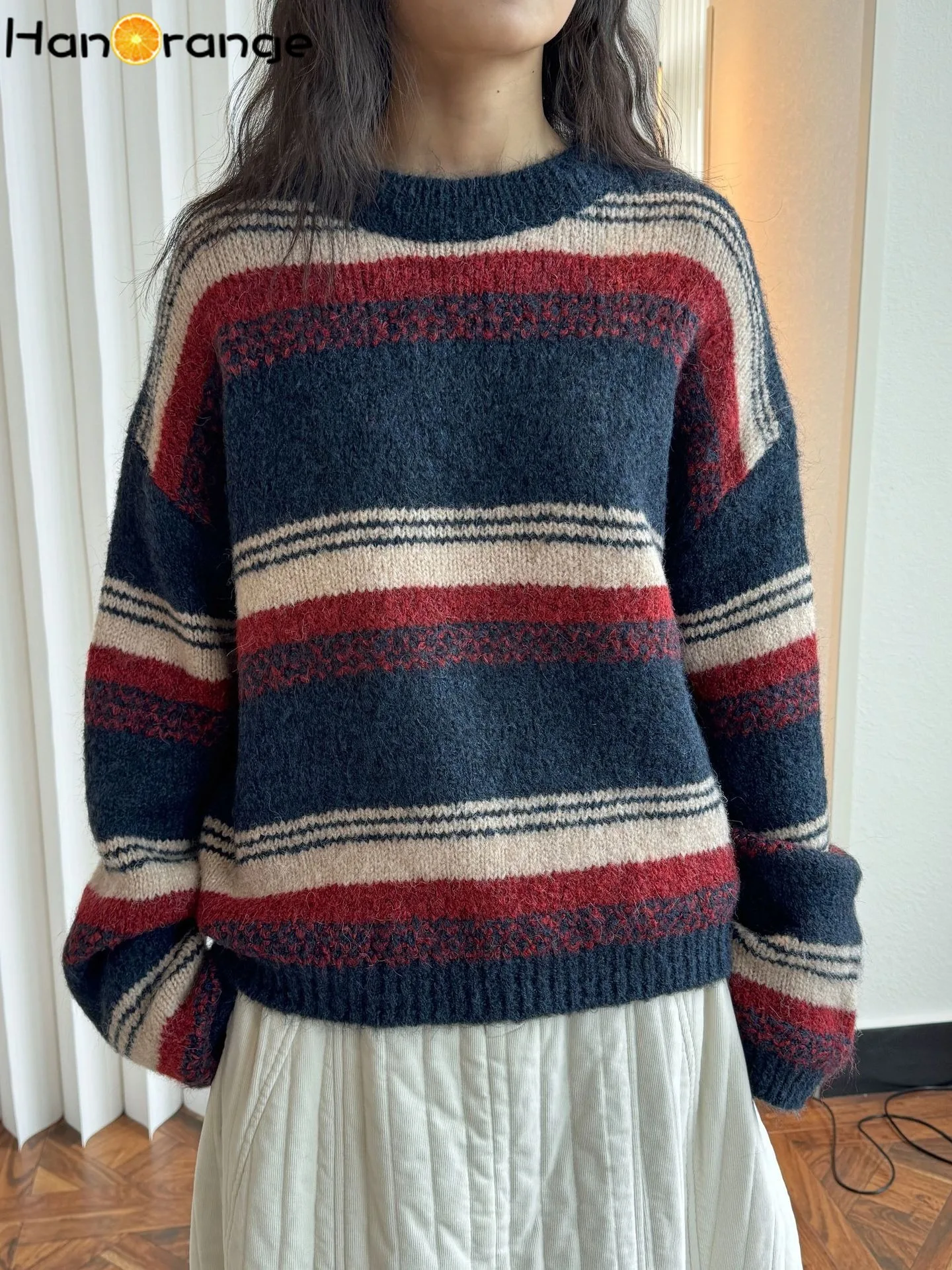 HanOrange 2024 Early Spring Fashion Lazy Striped Wool Sweater Women Crisp Stylish Pullover Top Green/Navy Blue