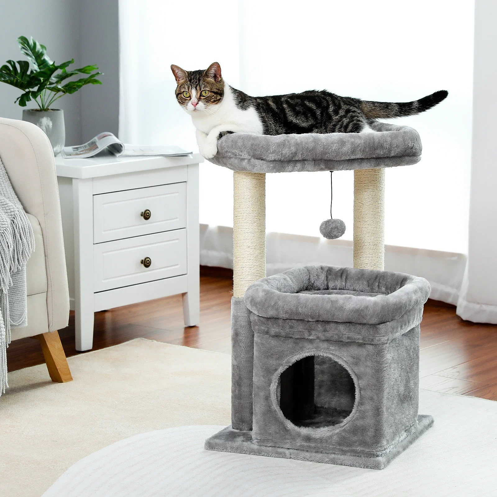 

Cat Tree Tower for Indoor with Private Cozy Condo Natural Sisal Scratching Posts and Plush Pom-pom for Small