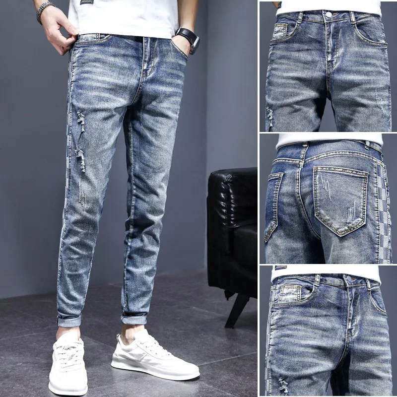 Autumn Winter 2022 Stitching Jeans Men's Slim Trousers Elastic Casual Korean Students Teenagers Cowboy Long Pencil Pants Men