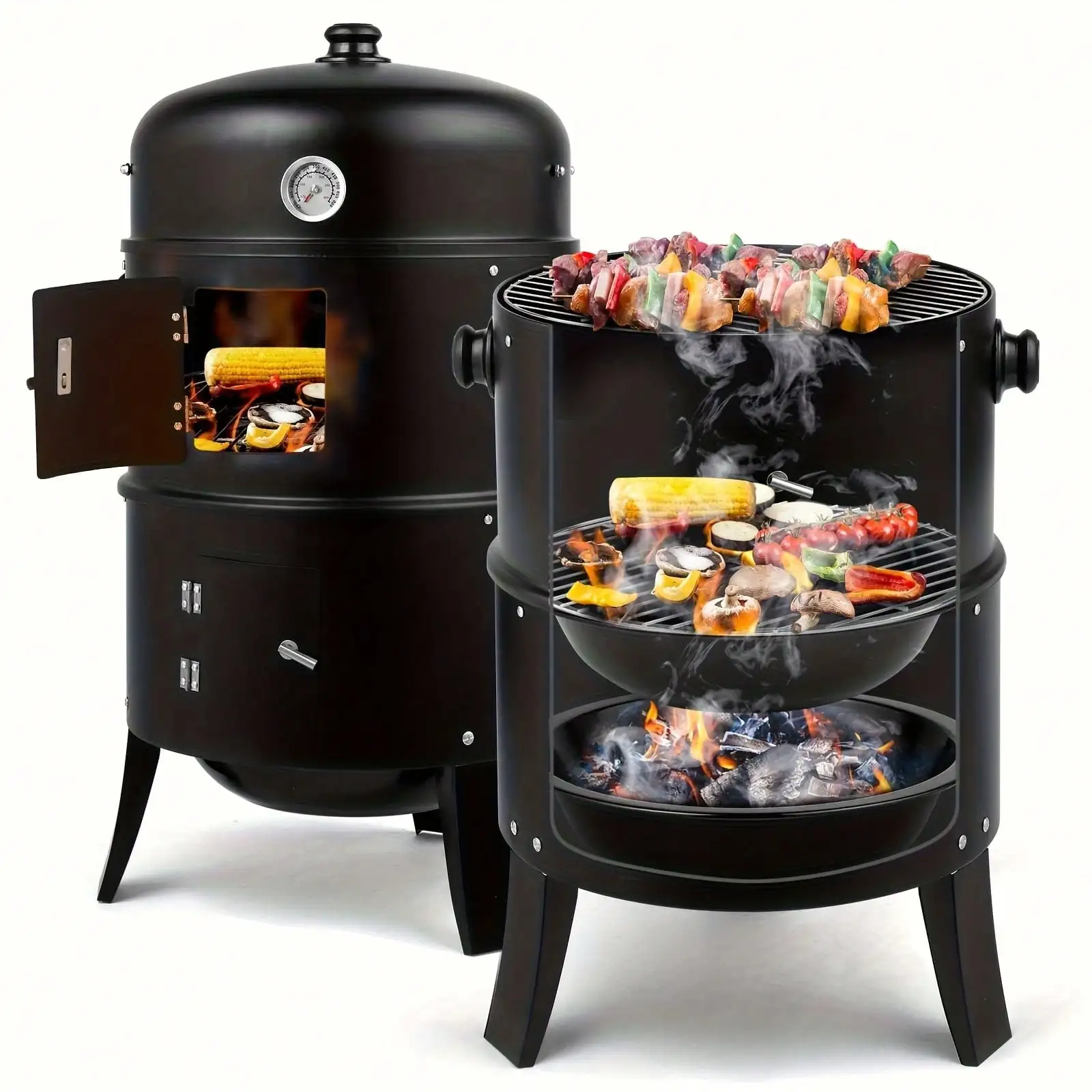 HOWSENTRIP Steel,3-In-1 Vertical Steel Charcoal Smoker, BBQ Smoker Grill With Built-In Thermometer, Air Vent, And 2 Access Doors, Ideal For Parties, Backyard Barbecues & Outdoor Cooking sh25061026880338980