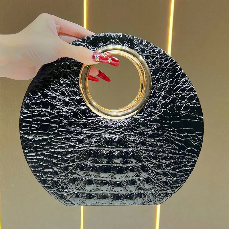 

Luxury Crocodile Pattern Evening Clutch Bag For Women With Metal Ring Handle, High End Party Wedding Purse Designer Shoulder Bag