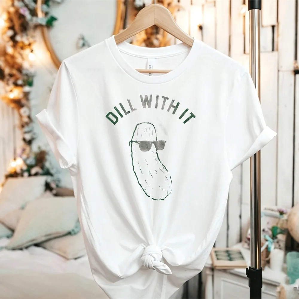 Dill with It Cool Pickle Sunglasses Funny Pun Graphic T-Shirt Dill Pickle Humor Print Unisex Casual Food Lover Joke Cotton Tees