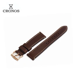 Cronos Leather Strap for Watch Flat Ends 20mm Bronze Tongue Buckle Stainless steel Brushed Buckle With Quick Release Spring Bars