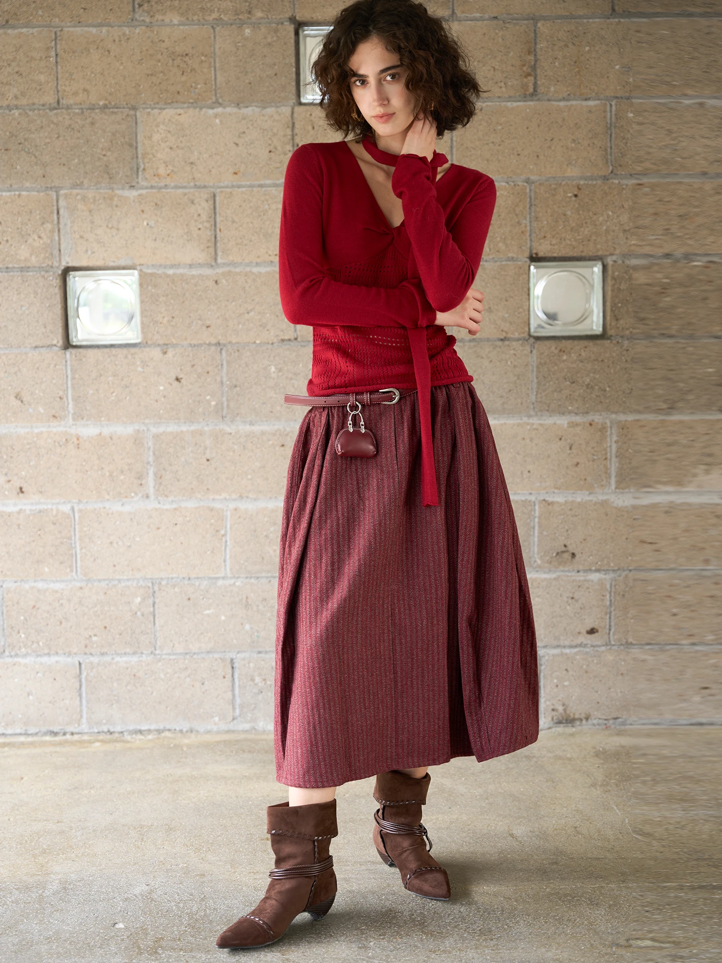 

Miorastudio Retro Red Vertical Stripe Wool Blend Skirt High Waist Umbrella Skirt Polyester Wool Autumn Winter New Sle