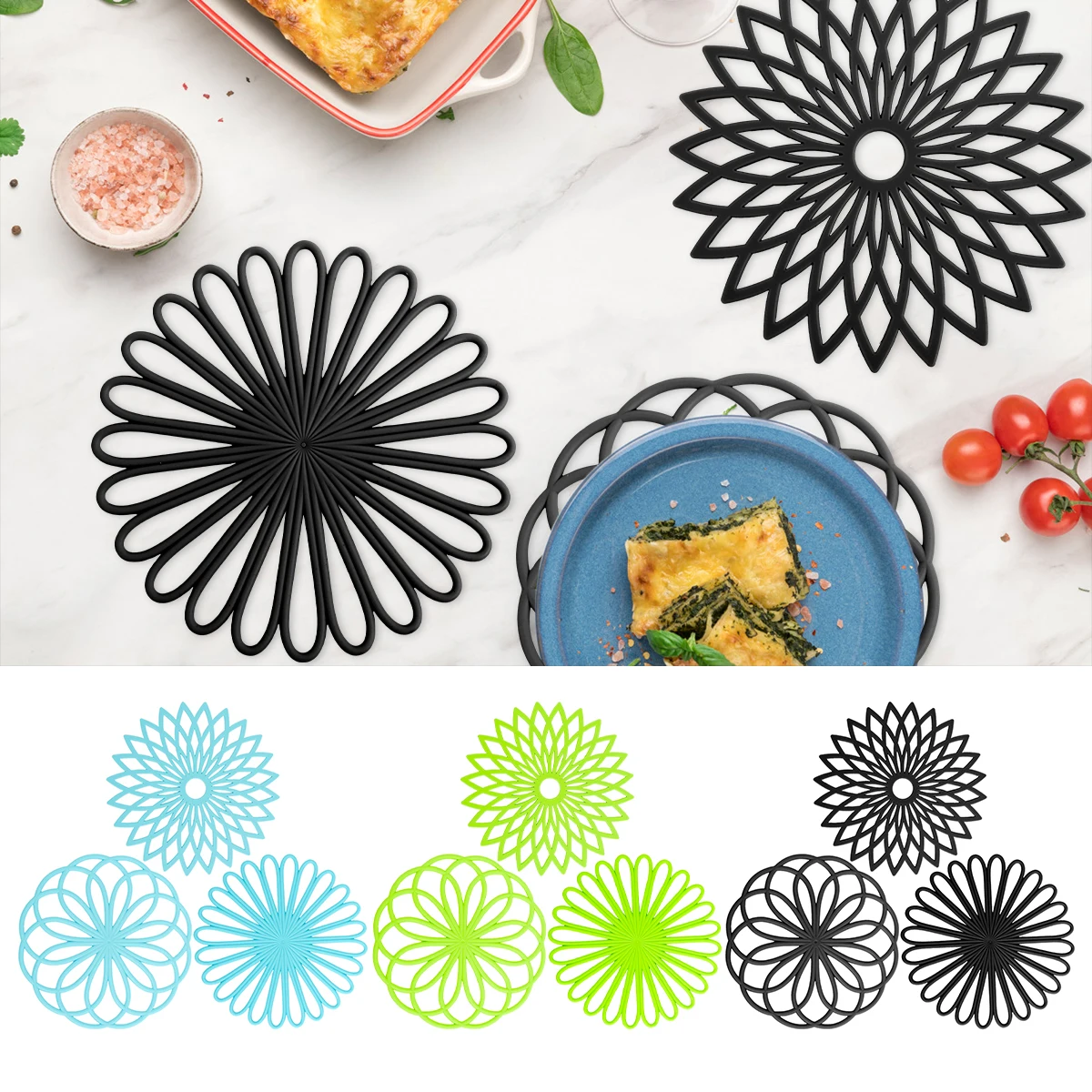 3pcs Silicone Trivet Mat Heat-Resistant Anti-Slip Hot Pot Holder Decor Round Hot Pad Hollow Insulated Placemat For Home Kitchen