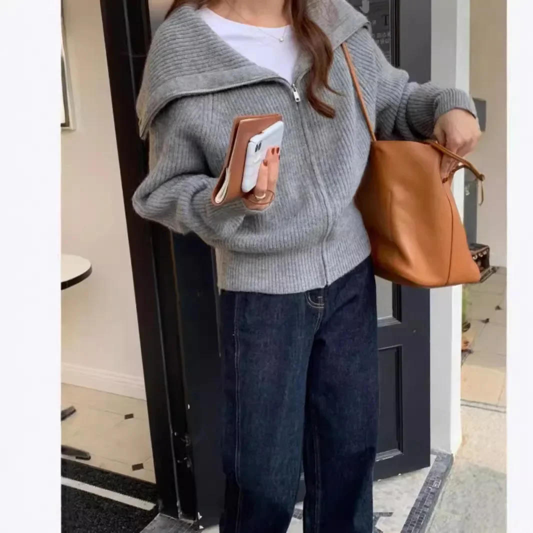 

Autumn Winter New Arrival Loose Knitted Sweater Coat Women's Design Sensation Anti-Aging Korean Style Big Collar