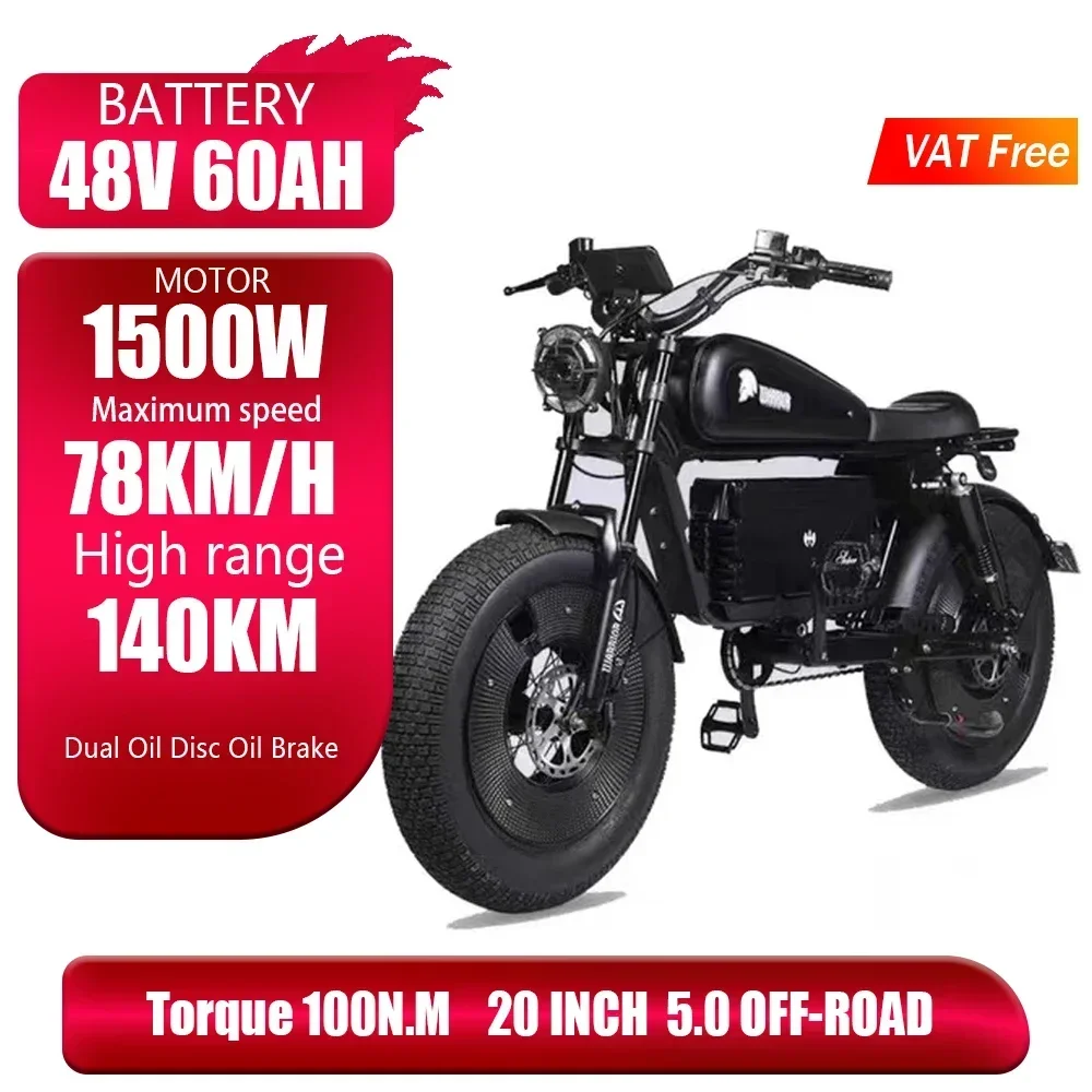 1500W 48V60AH Black Warrior Motorbikes 20inch Fat Tyre Electric Bike Adult Road Hydraulic brake E-bike Adult Road  Electric Bike image 2