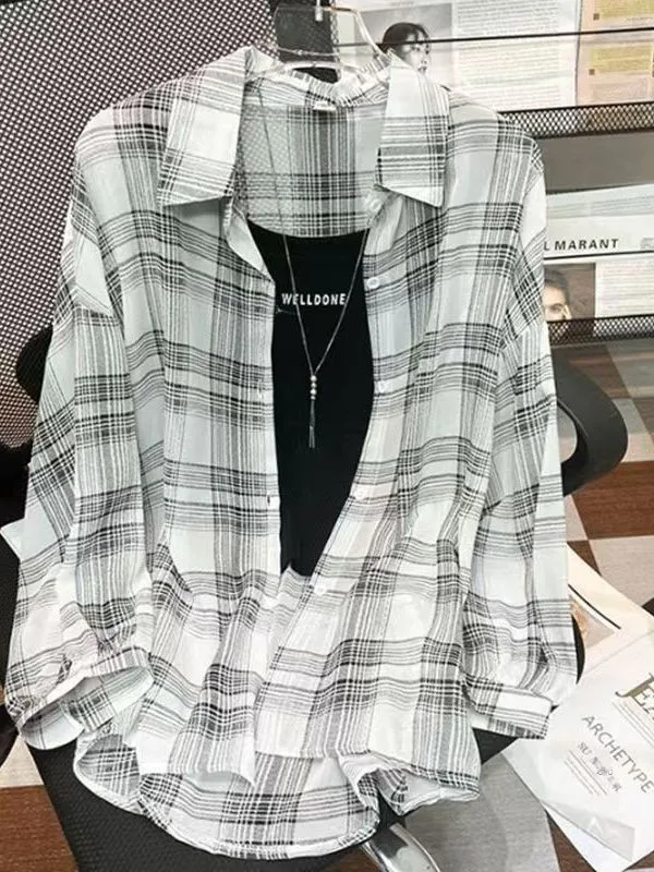 Women's Summer Outerwear Shirt Thin Long Sleeve Breathable Checkered Chiffon Cardigan 2026 New Style Korean Loose Fit Button up