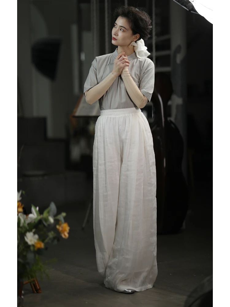 

Брюки из двухслойного шелка и льна Eighth Cloud Flng Waterfall для женщин, свободного кроя, с высокой талией и эластичным поясом, для повседневной носки