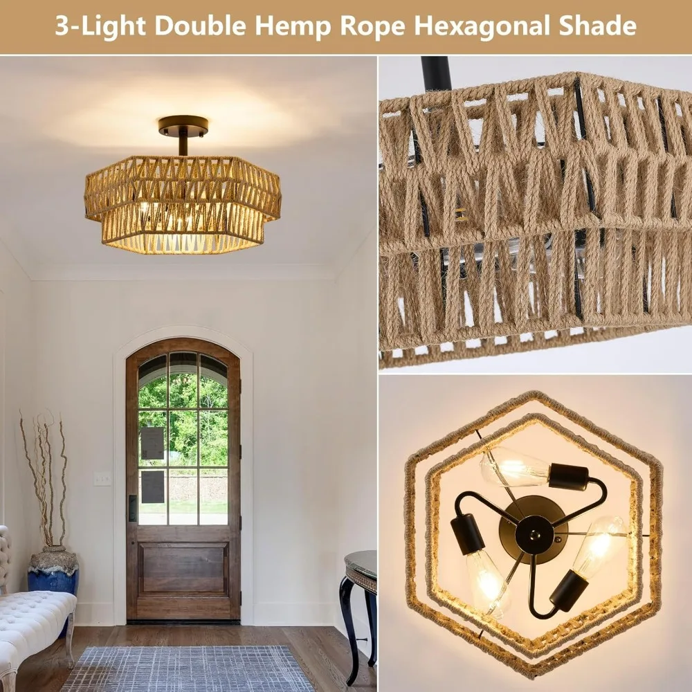 ريفي بوهو 3-Light شبه فلوش جبل تركيبات السقف مع حبل القنب المنسوج وتصميم سداسية مزدوجة #5