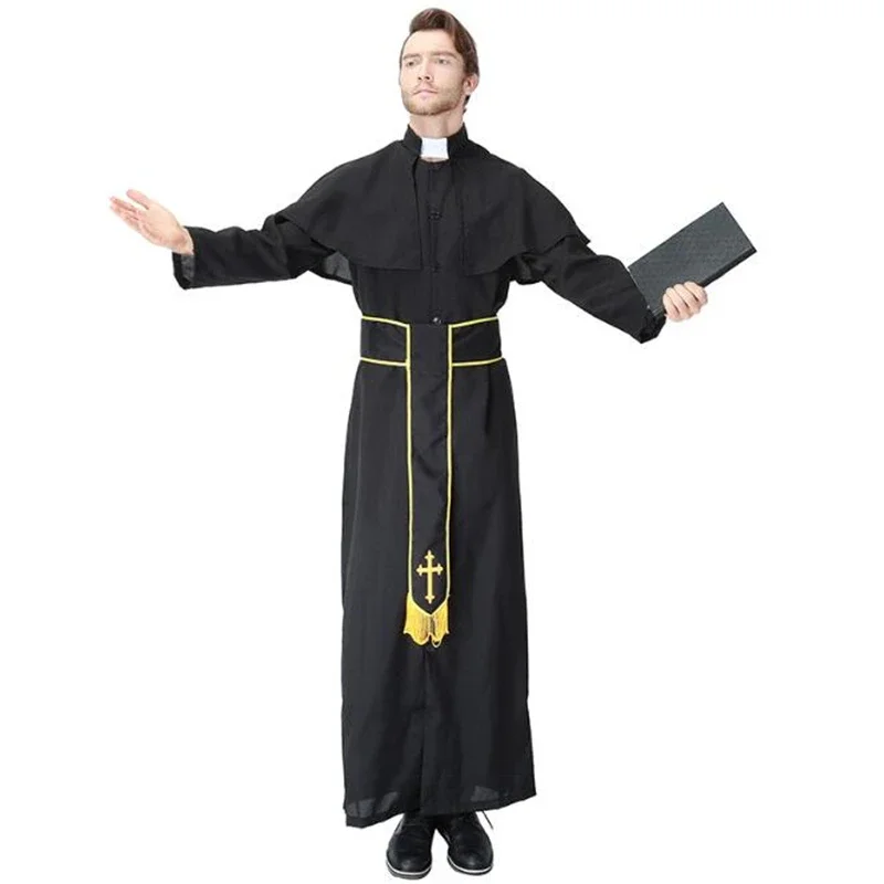 

Deluxe Quality Mens Priest Plus Costume Halloween Adult Party Cosplay Clothing