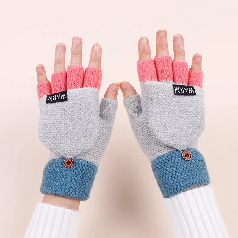 

2022 Winter Warm Thickening Wool Gloves Knitted Flip Fingerless Exposed Finger Thick Gloves Without Fingers Mittens Glove Women