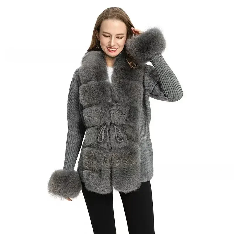 Women Faux Fur Knit Sweater Cardigan Spring Autumn Elegant Knitted Sweater with Faux Fox Fur Collar Ladies Fashion Coat Fur Coat