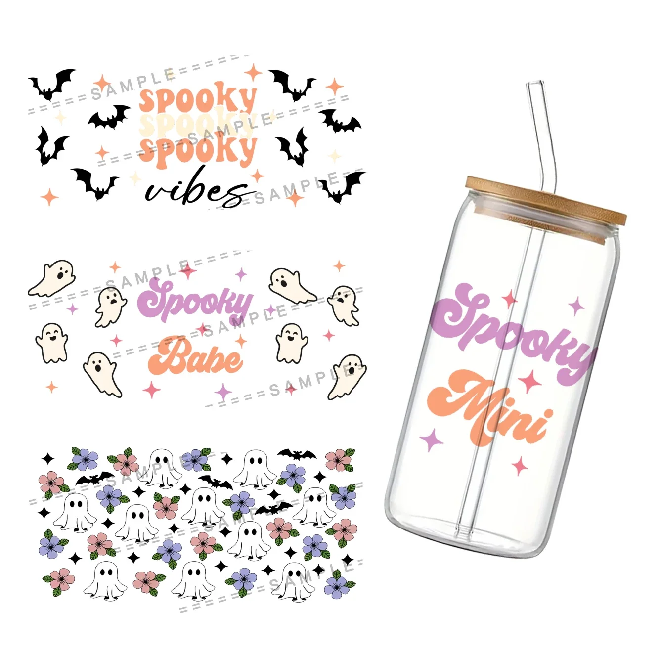 Spooky Mini Halloween Theme 3D Waterproof UV DTF Cup Wrap for 16Oz Libbey Glass Can DIY Transfer Sticker