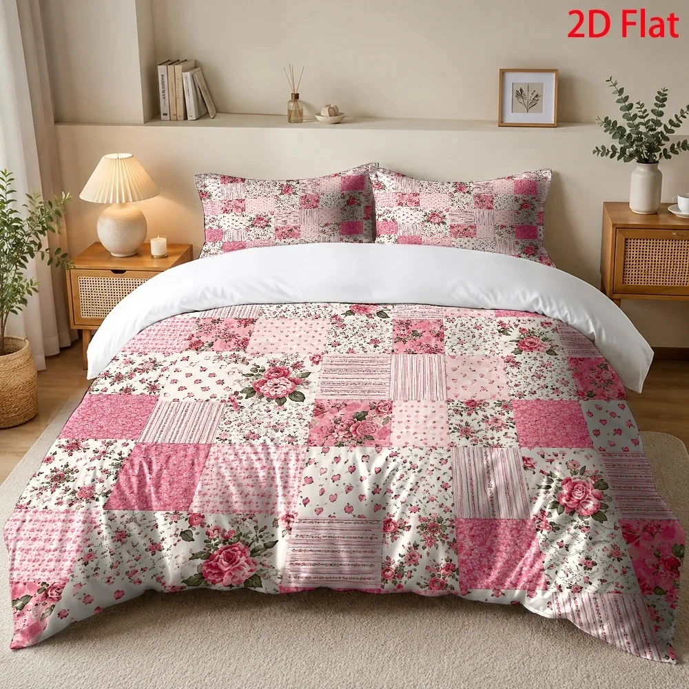 Pink Retro Pastoral Style Three-Piece Bedding Set (1*Duvet Cover + 2*Pillowcases), Pink Halloween Decoration Comforter Sets Quilt Cover Bedding Set Breathable Polyester Invisible Zipper Machine Wash