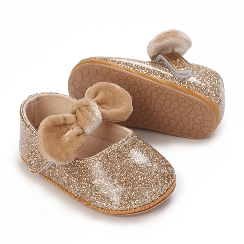 Baby Girls Premium PU Flats with Bowknot Princess Wedding Dress Shoes Non-Slip Toddler First Walkers Newborn Crib Shoes