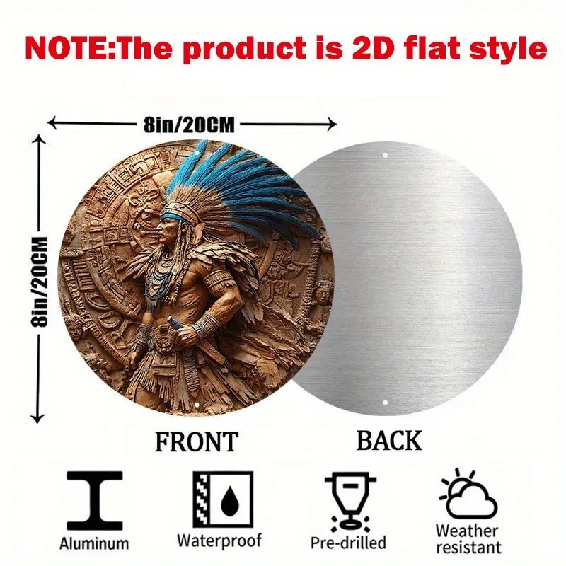 1 قطعة Aztec Warrior 8 بوصة جولة الألومنيوم جدار الفن ، علامة معدنية مقاومة للماء ، قابلة لإعادة الاستخدام الرجعية ازتيك التقويم ديكور للمنزل ، بار ، مقهى