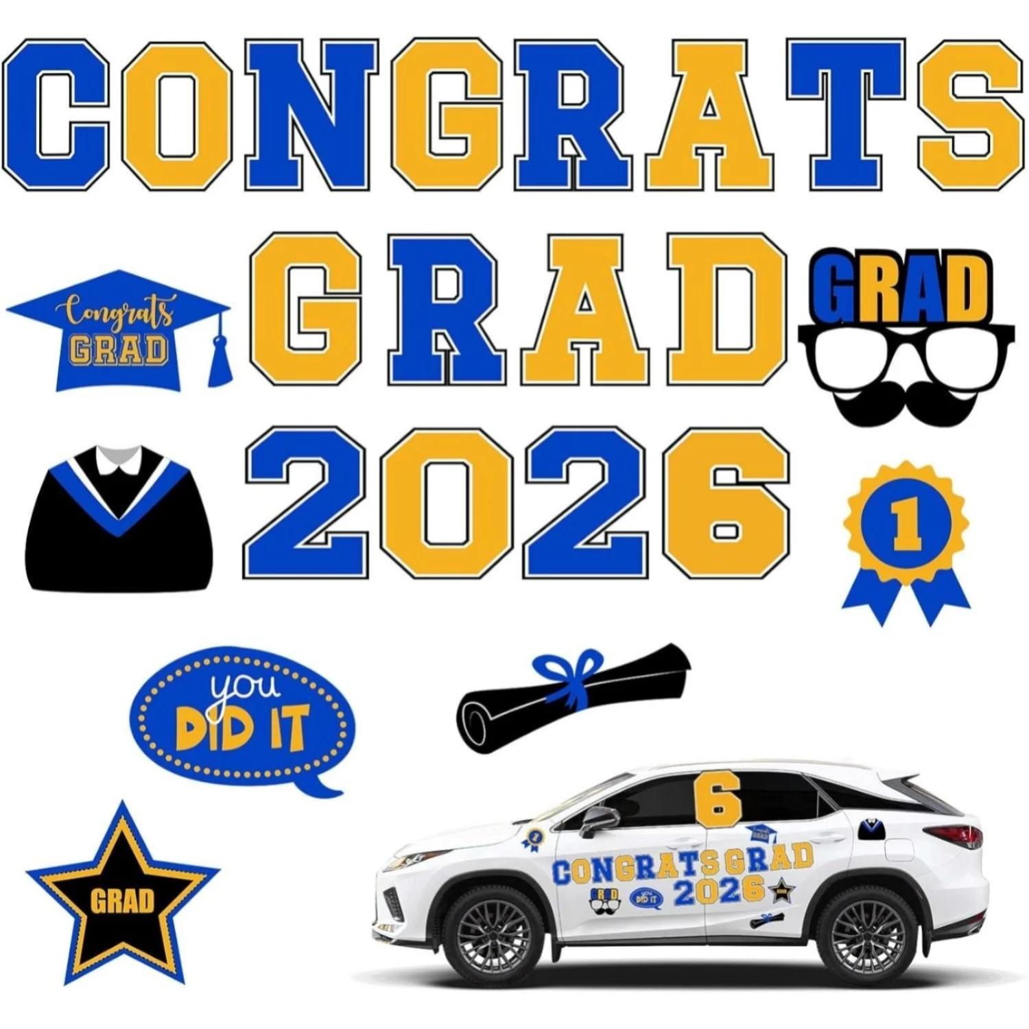 23Pcs Blue & Gold Graduation Car Magnets, Congrats Grad Magnetic Stickers for Garage Door, Fridge & Grad Party Decor